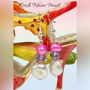💖💜 Pink and white Freshwater Baroque Pearl Drop Earrings-purple accent